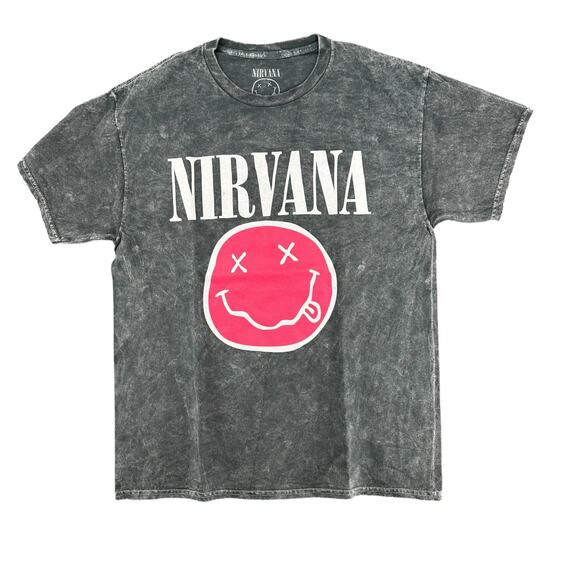 Nirvana Smiley Face Gray Hot Pink Women’s T-Shirt Small Grunge Band Tee - Picture 1 of 5